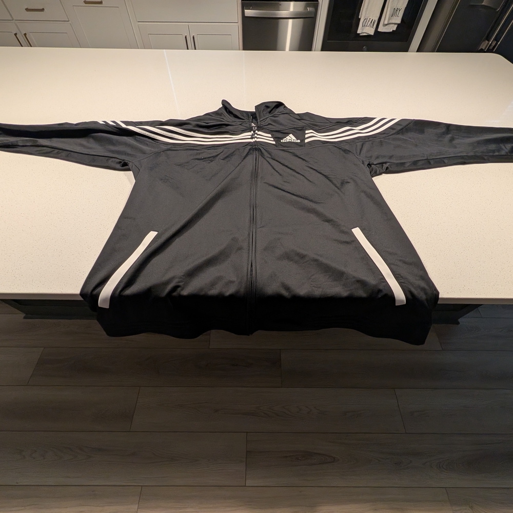Adidas Men's Black Windbreaker with White Stripes